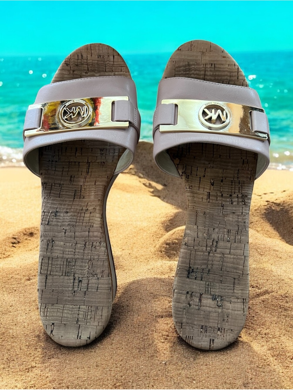 Michael Kors Taupe Slide Sandals with Gold Logo Accent